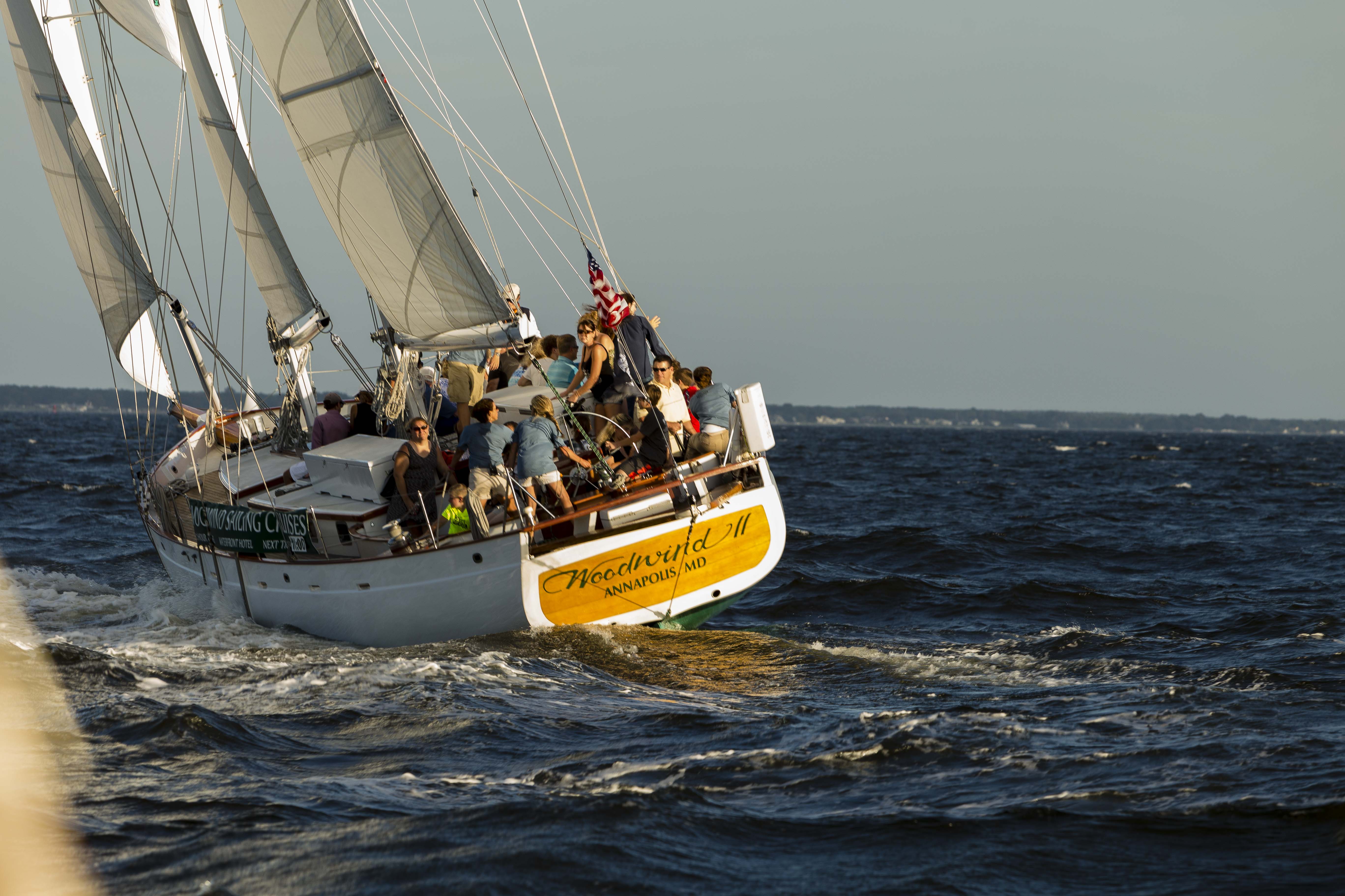 Woodwind II with guests on board racing away in the wind