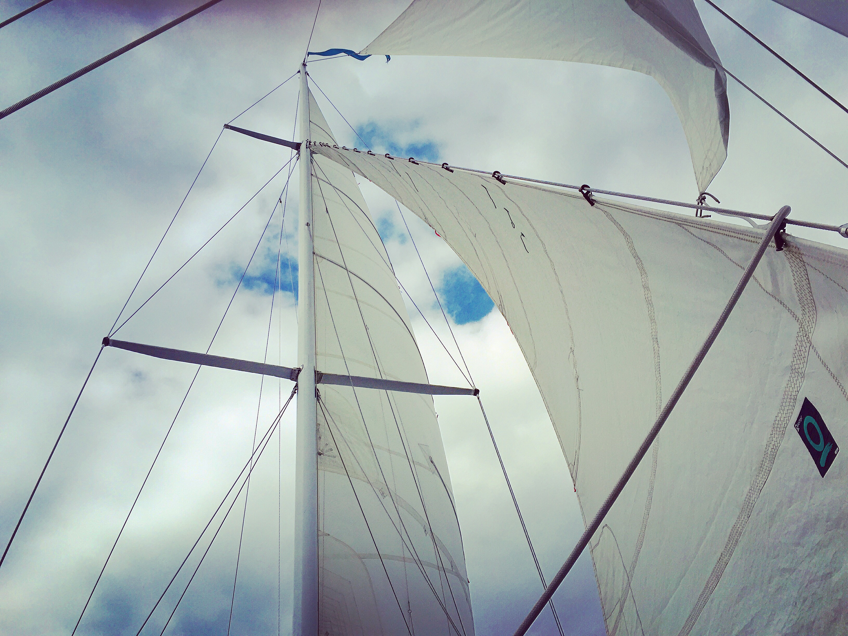 Full sails looking up at Clouds in a blue sky