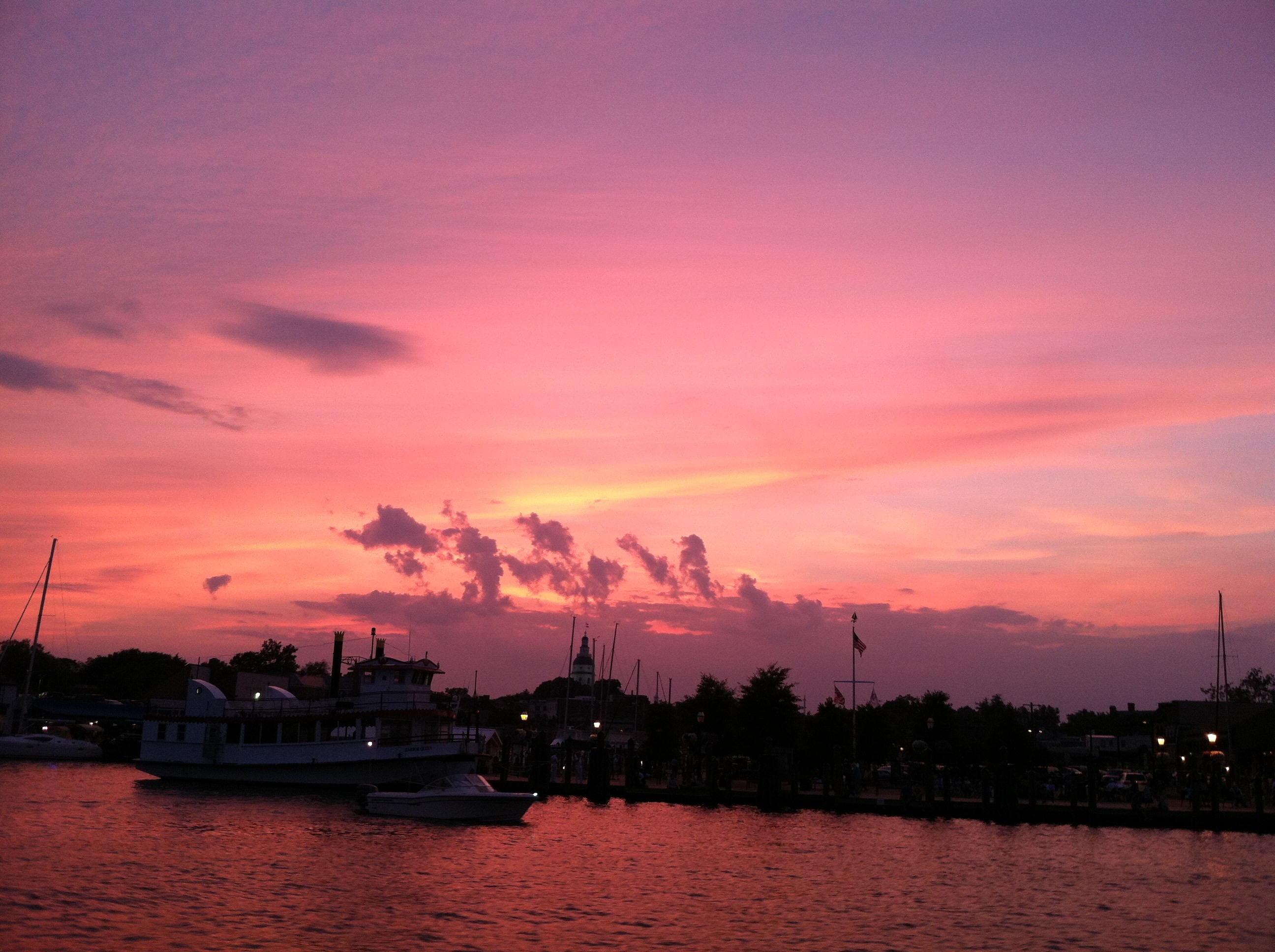 Annapolis skyline and water turned purple in sunset and silhouetting masts