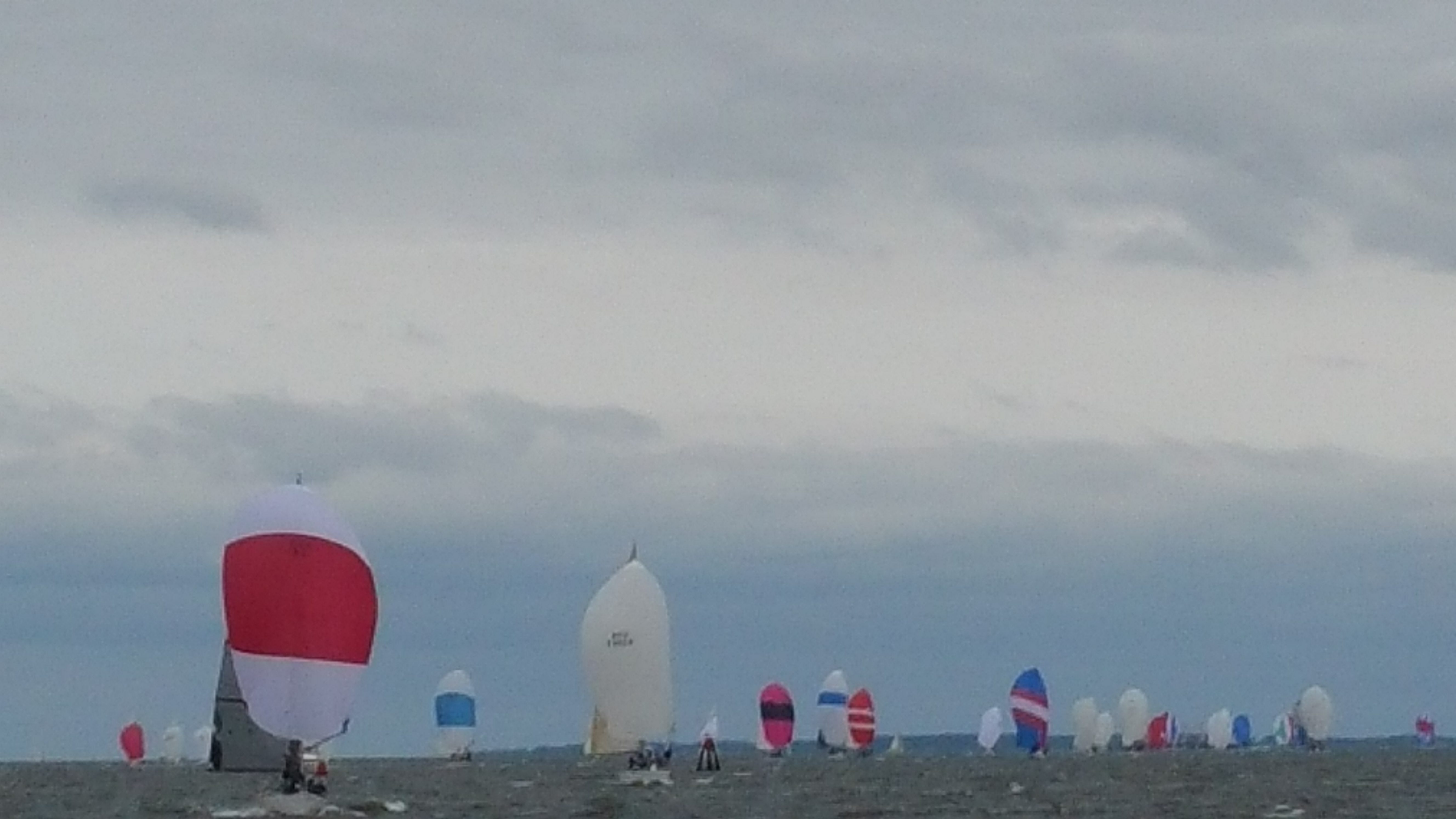Over 20 colorful sailboats on a cloudy day on the Chesapeake
