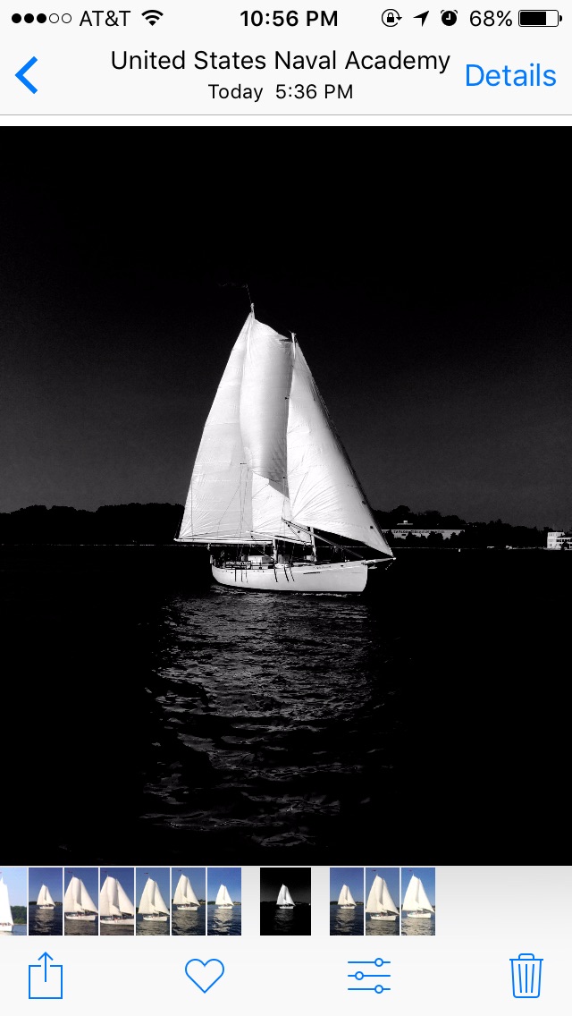 Black and white picture of schooner returning at almost dark