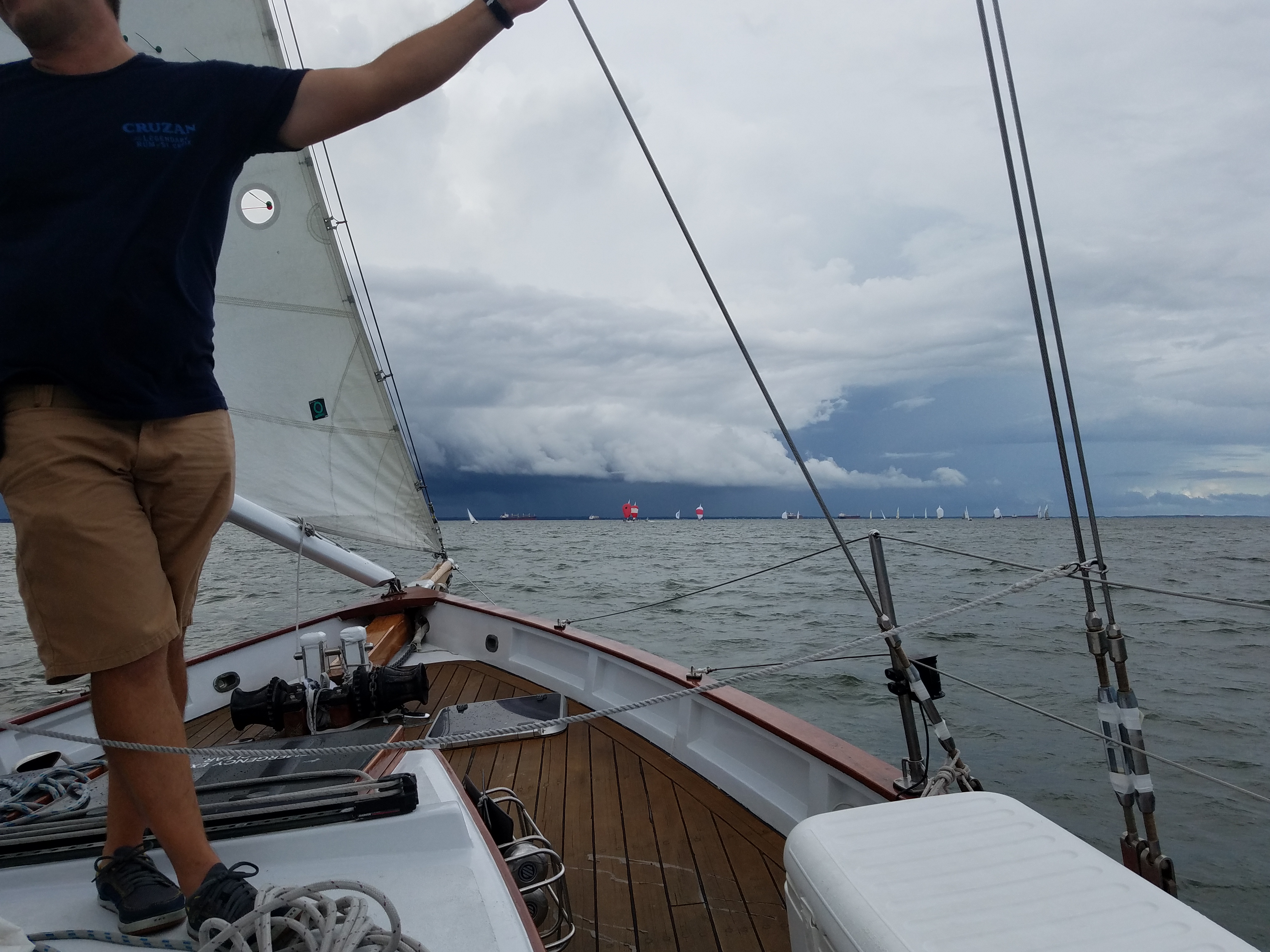 On board the boat looking out at stormy skies