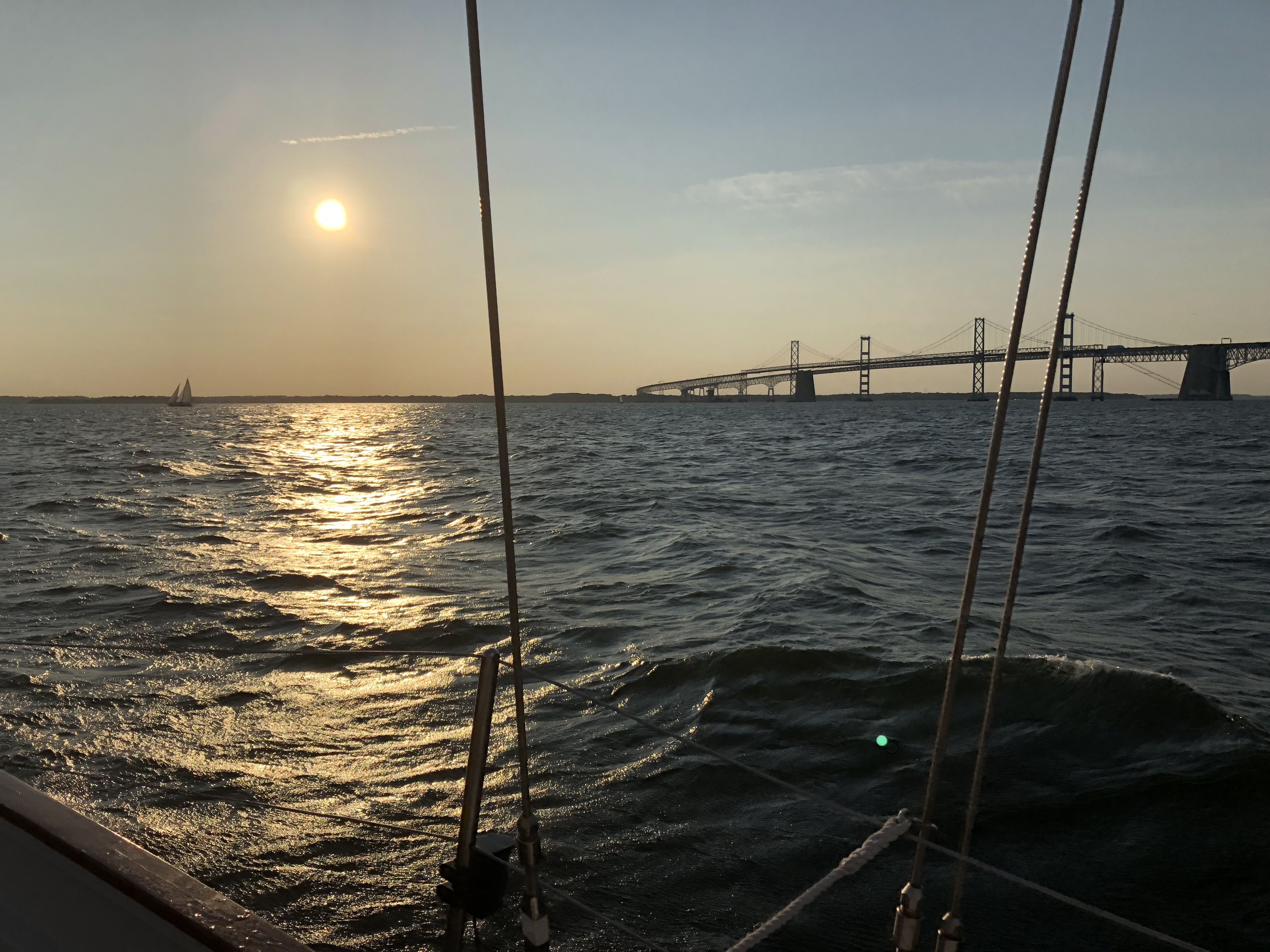 View of the Bay Bridge in the sun from the boat