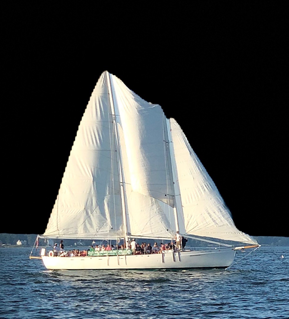 Schooner sailing against dark sky