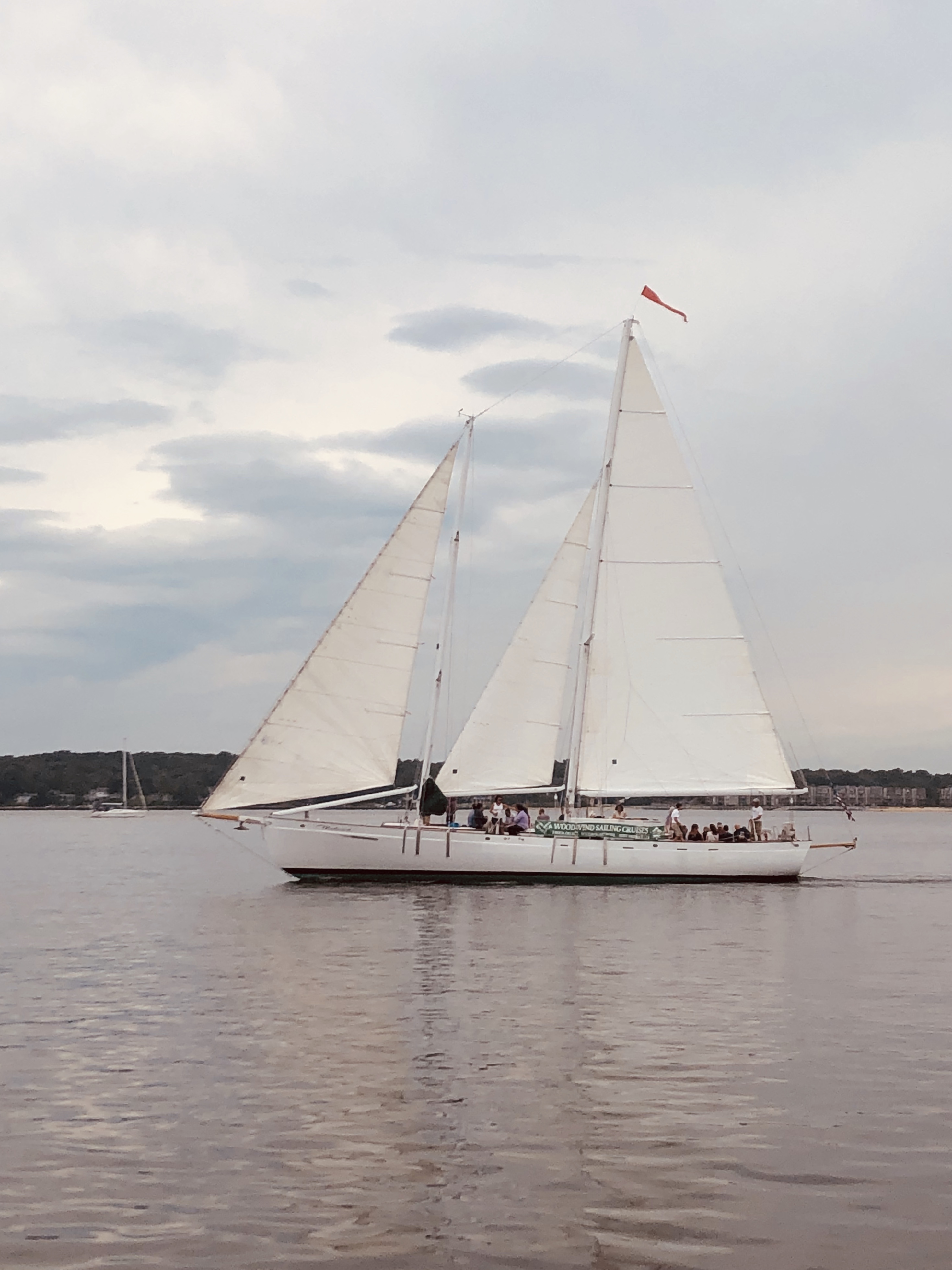 Schooner sailing on smooth waters and a cloudy day