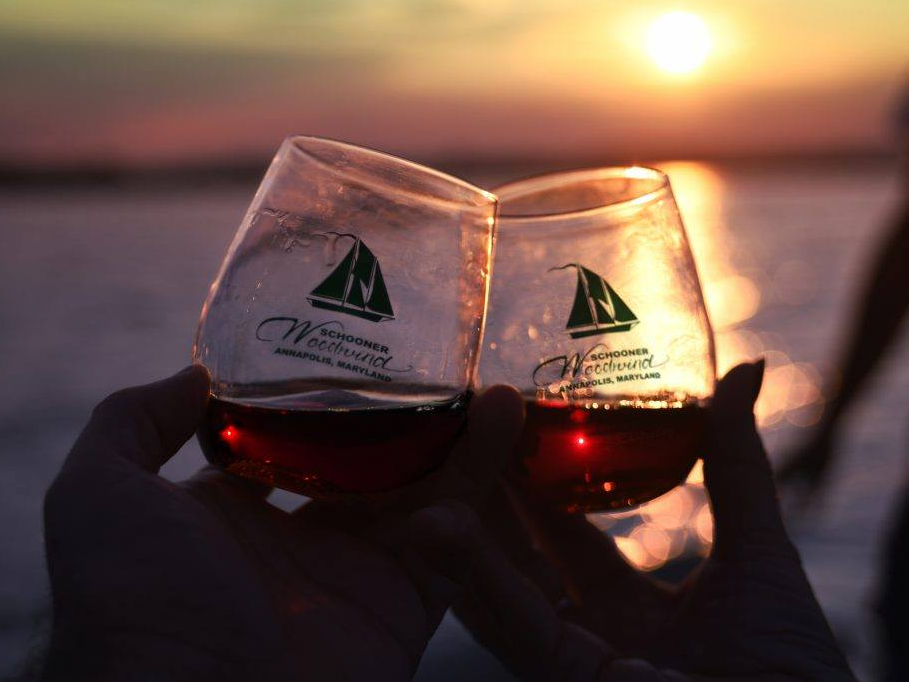 Two Woodwind wine glasses with red wine in them clinking together